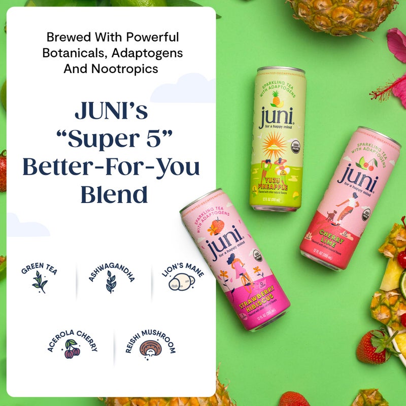 Juni Sparkling Adaptogen Drink with Ashwagandha, Lion’s Mane & Reishi Mushrooms | Green Tea for Focus, Zero Sugar, 5 Calories | Decaffeinated, Non Alcoholic Drinks - Variety Pack (12 Pack) - Image 4